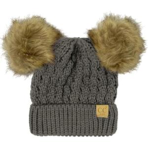 imageKids Ages 25 Pompom Chunky Thick Stretchy Knit Slouch Beanie Cap Hat Double Pom Natural Fur Solid Dk Melange Gray