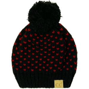 imageKids Ages 25 Pompom Chunky Thick Stretchy Knit Slouch Beanie Cap HatHearts BlackRed