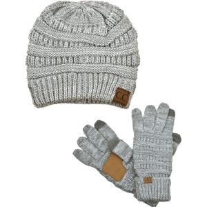 imageUnisex Soft Stretch Cable Knit Beanie and AntiSlip Touchscreen Gloves 2 Pc Set2 Tone Grey