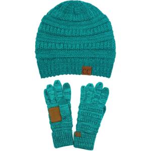 imageUnisex Soft Stretch Cable Knit Beanie and AntiSlip Touchscreen Gloves 2 Pc Set2 Tone Mint
