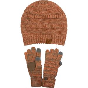 imageUnisex Soft Stretch Cable Knit Beanie and AntiSlip Touchscreen Gloves 2 Pc Set2 Tone OrangeTaupe