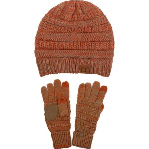 imageUnisex Soft Stretch Cable Knit Beanie and AntiSlip Touchscreen Gloves 2 Pc Set2 Tone RustCamel