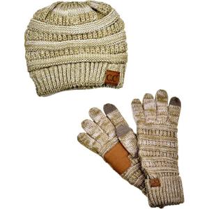 imageUnisex Soft Stretch Cable Knit Beanie and AntiSlip Touchscreen Gloves 2 Pc Set2 Tone Taupe