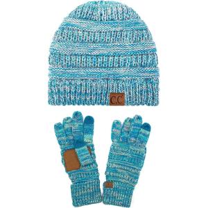 imageUnisex Soft Stretch Cable Knit Beanie and AntiSlip Touchscreen Gloves 2 Pc Set3 Tone BlueBeige
