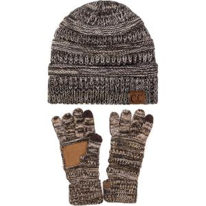 imageUnisex Soft Stretch Cable Knit Beanie and AntiSlip Touchscreen Gloves 2 Pc Set3 Tone Brown