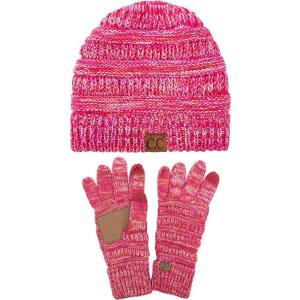 imageUnisex Soft Stretch Cable Knit Beanie and AntiSlip Touchscreen Gloves 2 Pc Set3 Tone Coral