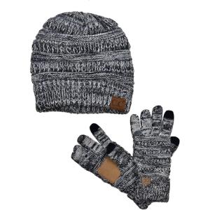 imageUnisex Soft Stretch Cable Knit Beanie and AntiSlip Touchscreen Gloves 2 Pc Set3 Tone Gray
