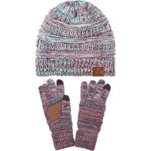 imageUnisex Soft Stretch Cable Knit Beanie and AntiSlip Touchscreen Gloves 2 Pc Set3 Tone MintRed