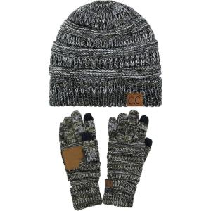 imageUnisex Soft Stretch Cable Knit Beanie and AntiSlip Touchscreen Gloves 2 Pc Set3 Tone OliveCharcoal