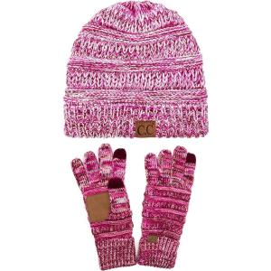 imageUnisex Soft Stretch Cable Knit Beanie and AntiSlip Touchscreen Gloves 2 Pc Set3 Tone Pink