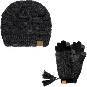 imageUnisex Soft Stretch Cable Knit Beanie and AntiSlip Touchscreen Gloves 2 Pc Set6242 Black  Gray