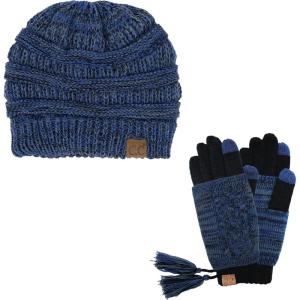 imageUnisex Soft Stretch Cable Knit Beanie and AntiSlip Touchscreen Gloves 2 Pc Set6242 Navy