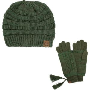 imageUnisex Soft Stretch Cable Knit Beanie and AntiSlip Touchscreen Gloves 2 Pc Set6242 Olive