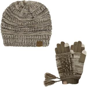 imageUnisex Soft Stretch Cable Knit Beanie and AntiSlip Touchscreen Gloves 2 Pc Set6242 Taupe