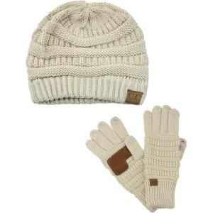 imageUnisex Soft Stretch Cable Knit Beanie and AntiSlip Touchscreen Gloves 2 Pc SetBeige