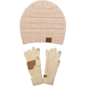 imageUnisex Soft Stretch Cable Knit Beanie and AntiSlip Touchscreen Gloves 2 Pc SetBeigeIvory