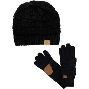 imageUnisex Soft Stretch Cable Knit Beanie and AntiSlip Touchscreen Gloves 2 Pc SetBlack