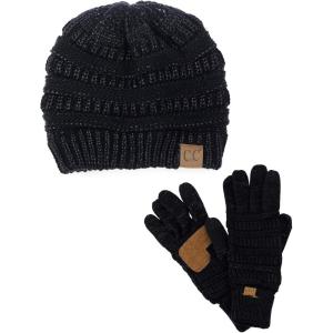 imageUnisex Soft Stretch Cable Knit Beanie and AntiSlip Touchscreen Gloves 2 Pc SetBlack Metallic