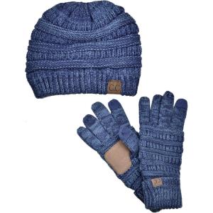 imageUnisex Soft Stretch Cable Knit Beanie and AntiSlip Touchscreen Gloves 2 Pc SetBlueDenim