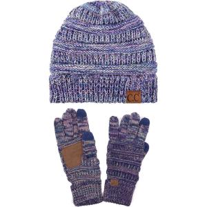 imageUnisex Soft Stretch Cable Knit Beanie and AntiSlip Touchscreen Gloves 2 Pc SetBluePurpleGray