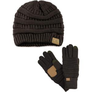 imageUnisex Soft Stretch Cable Knit Beanie and AntiSlip Touchscreen Gloves 2 Pc SetBrown