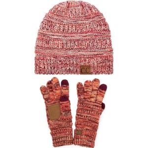 imageUnisex Soft Stretch Cable Knit Beanie and AntiSlip Touchscreen Gloves 2 Pc SetBurgundyPeachBeige