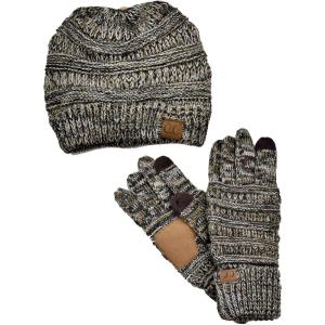 imageUnisex Soft Stretch Cable Knit Beanie and AntiSlip Touchscreen Gloves 2 Pc SetCamelGrayBlack