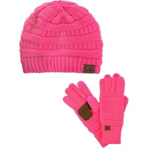 imageUnisex Soft Stretch Cable Knit Beanie and AntiSlip Touchscreen Gloves 2 Pc SetCandy Pink