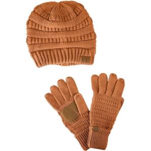 imageUnisex Soft Stretch Cable Knit Beanie and AntiSlip Touchscreen Gloves 2 Pc SetClay