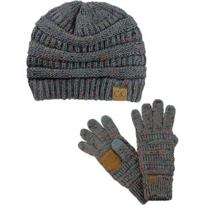 imageUnisex Soft Stretch Cable Knit Beanie and AntiSlip Touchscreen Gloves 2 Pc SetConfetti Dark Melange Gray