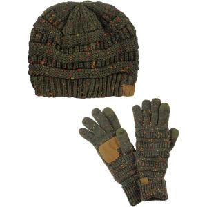imageUnisex Soft Stretch Cable Knit Beanie and AntiSlip Touchscreen Gloves 2 Pc SetConfetti Dark Olive