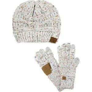 imageUnisex Soft Stretch Cable Knit Beanie and AntiSlip Touchscreen Gloves 2 Pc SetConfetti Ivory
