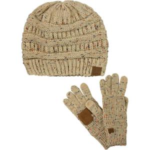 imageUnisex Soft Stretch Cable Knit Beanie and AntiSlip Touchscreen Gloves 2 Pc SetConfetti Latte