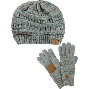 imageUnisex Soft Stretch Cable Knit Beanie and AntiSlip Touchscreen Gloves 2 Pc SetConfetti Natural Gray
