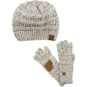 imageUnisex Soft Stretch Cable Knit Beanie and AntiSlip Touchscreen Gloves 2 Pc SetConfetti Oatmeal