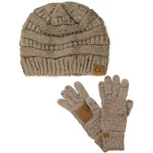 imageUnisex Soft Stretch Cable Knit Beanie and AntiSlip Touchscreen Gloves 2 Pc SetConfetti Taupe