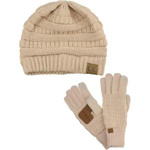 imageUnisex Soft Stretch Cable Knit Beanie and AntiSlip Touchscreen Gloves 2 Pc SetDark Beige