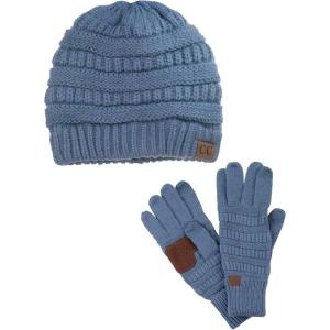 imageUnisex Soft Stretch Cable Knit Beanie and AntiSlip Touchscreen Gloves 2 Pc SetDark Denim