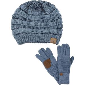 imageUnisex Soft Stretch Cable Knit Beanie and AntiSlip Touchscreen Gloves 2 Pc SetDark Denim Metallic