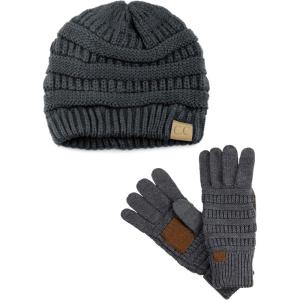 imageUnisex Soft Stretch Cable Knit Beanie and AntiSlip Touchscreen Gloves 2 Pc SetDark Melange Gray