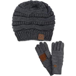 imageUnisex Soft Stretch Cable Knit Beanie and AntiSlip Touchscreen Gloves 2 Pc SetDark Melange Gray Metallic