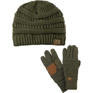 imageUnisex Soft Stretch Cable Knit Beanie and AntiSlip Touchscreen Gloves 2 Pc SetDark Olive