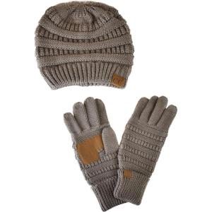 imageUnisex Soft Stretch Cable Knit Beanie and AntiSlip Touchscreen Gloves 2 Pc SetEarth Grey