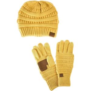 imageUnisex Soft Stretch Cable Knit Beanie and AntiSlip Touchscreen Gloves 2 Pc SetHoney Mustard