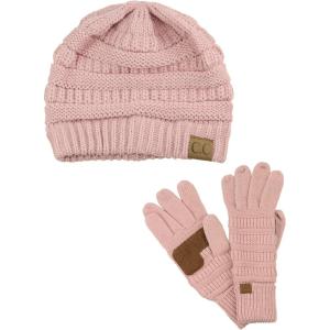 imageUnisex Soft Stretch Cable Knit Beanie and AntiSlip Touchscreen Gloves 2 Pc SetIndi Pink
