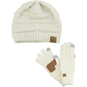 imageUnisex Soft Stretch Cable Knit Beanie and AntiSlip Touchscreen Gloves 2 Pc SetIvory