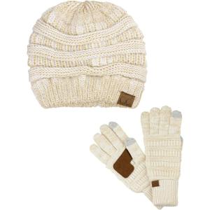 imageUnisex Soft Stretch Cable Knit Beanie and AntiSlip Touchscreen Gloves 2 Pc SetIvoryGold Metallic