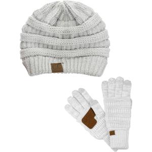 imageUnisex Soft Stretch Cable Knit Beanie and AntiSlip Touchscreen Gloves 2 Pc SetIvorySilver Metallic