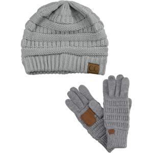 imageUnisex Soft Stretch Cable Knit Beanie and AntiSlip Touchscreen Gloves 2 Pc SetLight Melange Gray