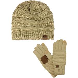 imageUnisex Soft Stretch Cable Knit Beanie and AntiSlip Touchscreen Gloves 2 Pc SetMetallic Gold